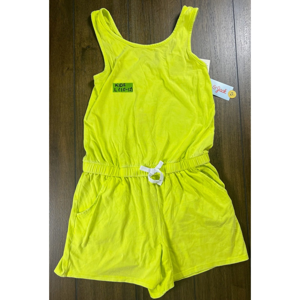 Cat & Jack Girls Bright Lime Green Knit Romper Size L 10-12 NWT Pockets Keyhole